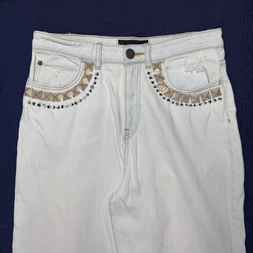 Pinko Maddie 30 Mom Jeans White Studded Rhinestone Fairy High Waist Tapered 29